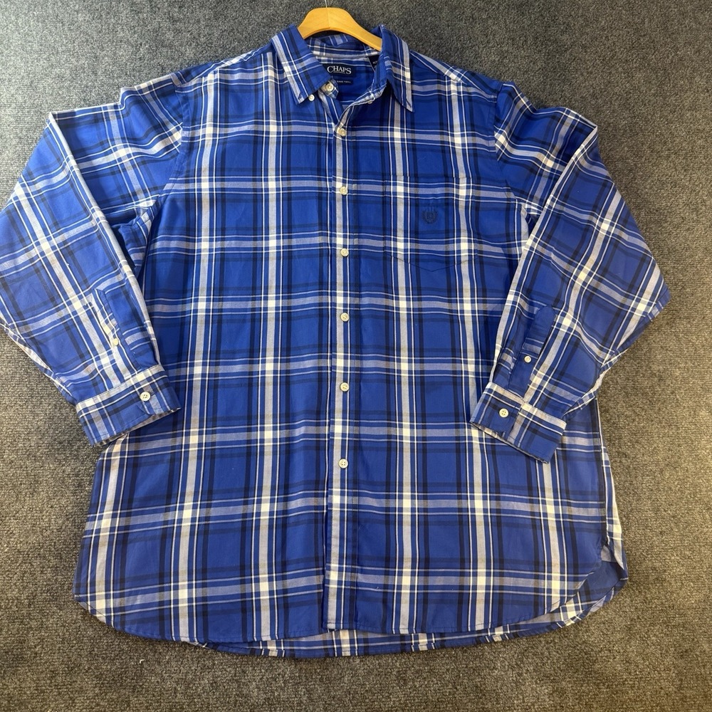 Chaps‎ Easy Care Twill Shirt Men's XLT Blue Plaid Button Down Long Sleeve